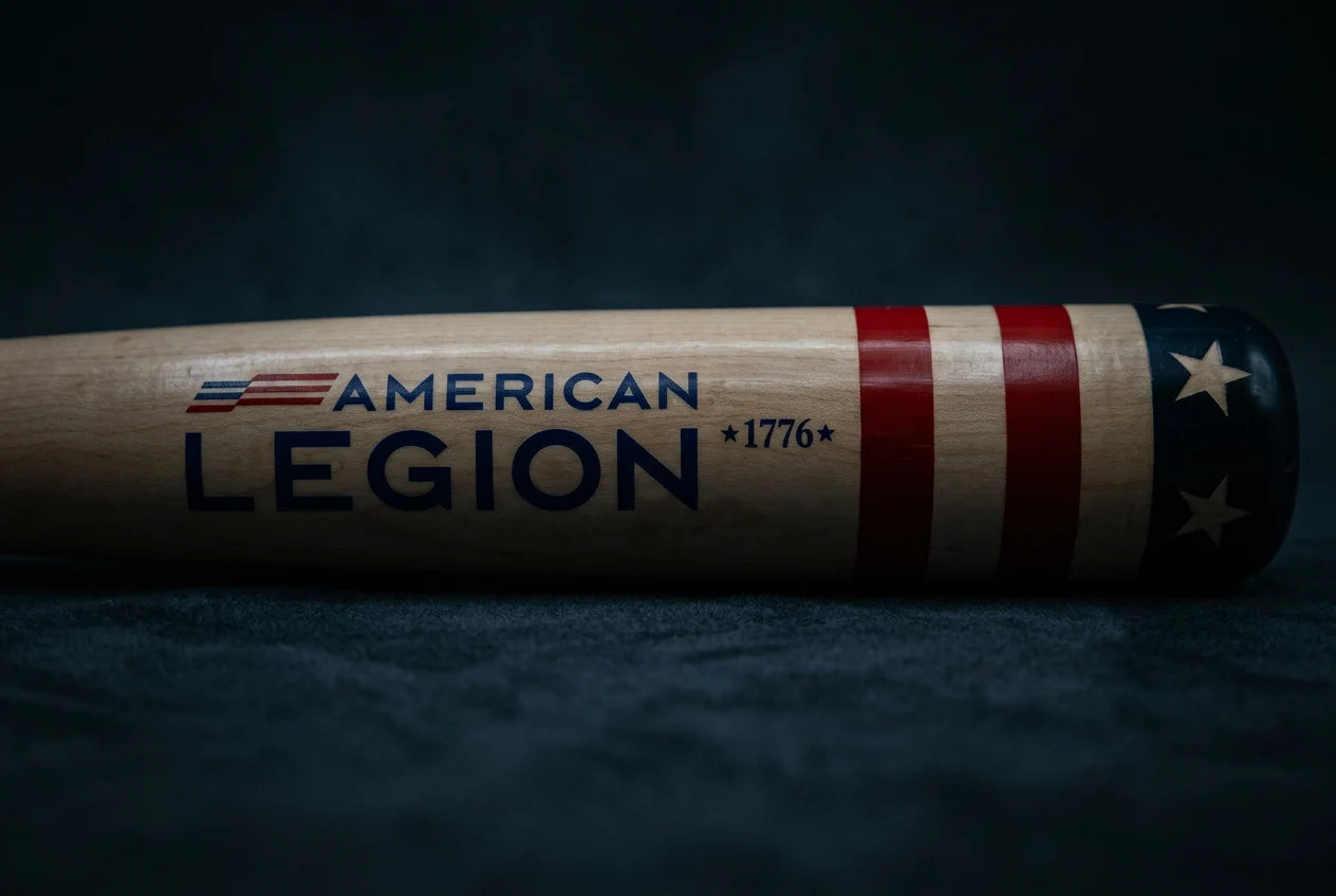 Close-up of the maple barrel, American Legion mark and hand-painted stars and stripes